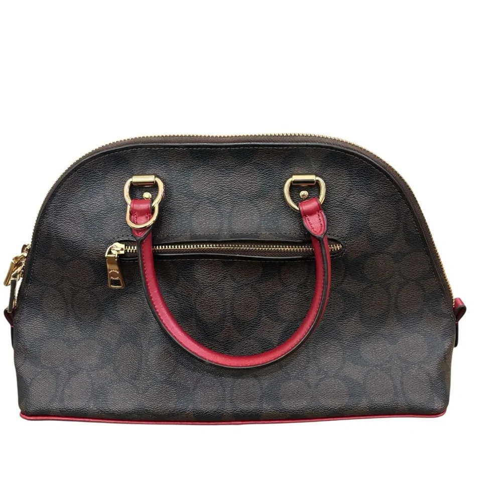 COACH Brown Signature Dome Satchel with Red Handles - Picture 4 of 12